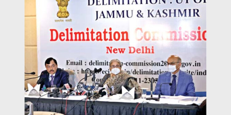 Delimitation Commission members speaking to the media after the conclusion of their 4-day visit to J&K