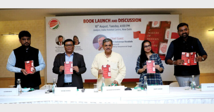 (L-R)Sudarshan Ramabadran, author of Makers of Modern Dalit History, Millind Kamble, Chairman, DICCI, Dattatreya Hosabale, Sarkaryavah, RSS, Swati Kumar, Vice President, BJRNF, and Guru Prakash Paswan, co-author and BJP’s National Spokesperson