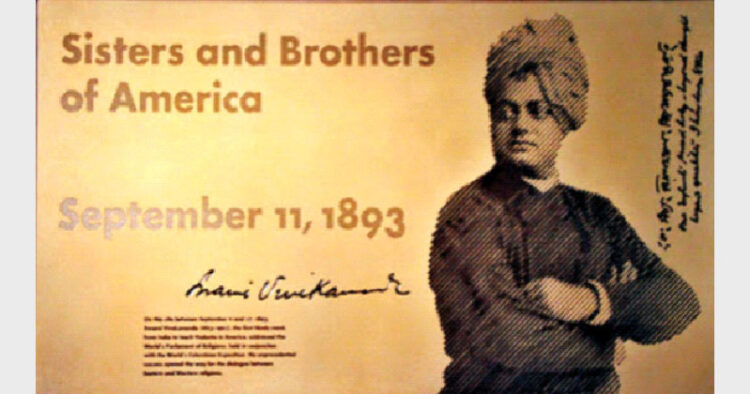 On January 28, 2012, the Art Institute of Chicago, in conjunction with the Republic of India, reinstalled this plaque commemorating Vivekananda’s landmark speech outside Fullerton Hall. / Swami Vivekananda in Chicago, September 1893.