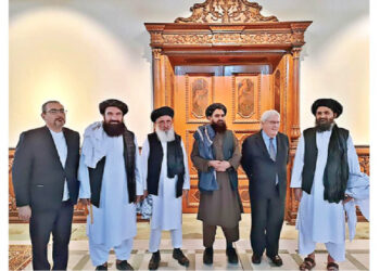 Taliban leader Mullah Baradar with UN under-secy-general for humanitarian affairs Martin Griffiths at the Foreign Ministry, in Kabul