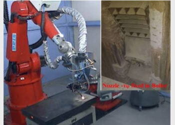 Laser-based clad coating deposition in progress Inset shows the laser-clad coated nozzle tip fixed in the boiler
