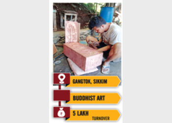 Sunil Shasanker, owner of Buddhist Handicraft working on a box made of copper for keeping holy scripture known as ‘pecha’