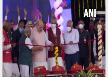 Union Home Minister Amit Shah participating in the foundation stone laying ceremony for a temple for Umiya Mata, the deity of the Kadva Patidars, in Ahmedabad (Photo Credit: ANI)