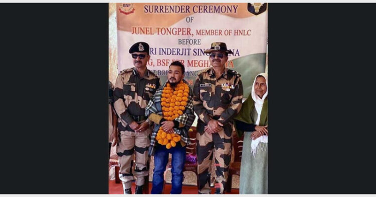 Tongper surrendered before Inderjit Singh Rana, IG of BSF, Meghalaya at Umkiang in the East Jaintia Hills district