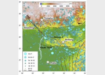 Topography and seismicity map of the Shillong Plateau and neighboring regions with major tectonic features. (Picture courtesy: The research paper on the study)