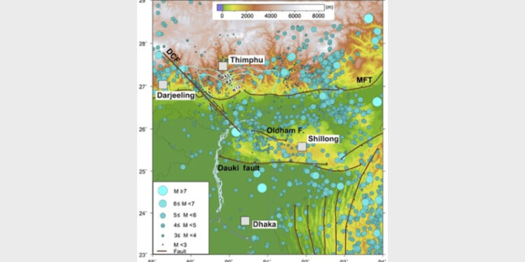 Topography and seismicity map of the Shillong Plateau and neighboring regions with major tectonic features. (Picture courtesy: The research paper on the study)
