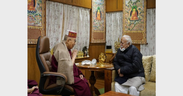 RSS Sarsanghchalak Mohan Bhagwat with Tibetan spiritual leader Dalai Lama in Dharamshala (Photo Credit: ANI)