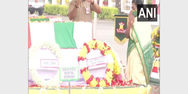 Telangana Governor and Puducherry Lieutenant Governor Dr Tamilisai Soundararajan paying tribute to CDS Bipin Rawat and others who died in the Coonoor chopper crash (Photo Credit: ANI)