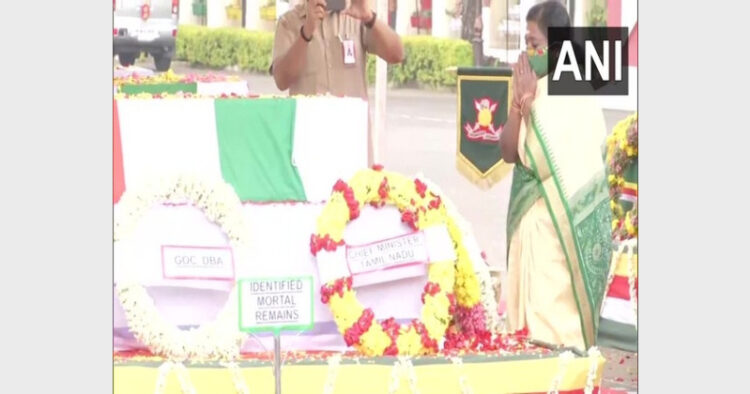 Telangana Governor and Puducherry Lieutenant Governor Dr Tamilisai Soundararajan paying tribute to CDS Bipin Rawat and others who died in the Coonoor chopper crash (Photo Credit: ANI)