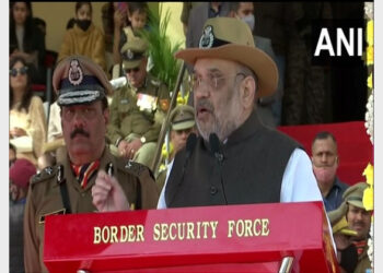 Union Minister Amit Shah addressing at the 57th Raising Day of BSF in Jaisalmer, Rajasthan (Photo Credit: ANI)