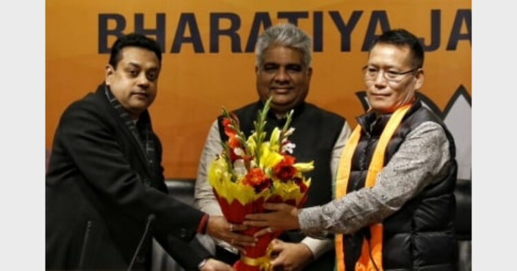 Manipur Sports Minister Letpao Haokib joining BJP in the presence of Union Minister Bhupender Yadav and BJP in charge of the state, Sambit Patra (File)
