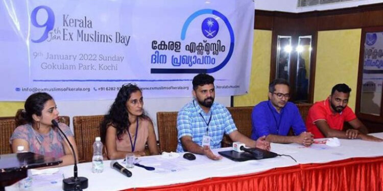 Ex-Muslims of Kerala president Liyakkathali CM addressing a press conference in Kochi on January 9. (From L-R) Jazla Madassery, Safiya PM, Arif Hussain Theruvath, Shafeeq MK were also present