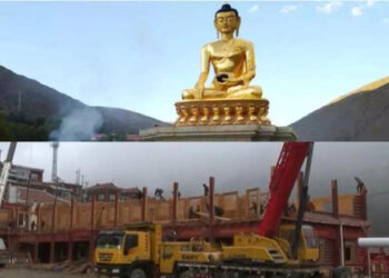 The 99-foot-tall Buddha statue, which was destroyed by local Chinese authorities in Drago County, Tibet