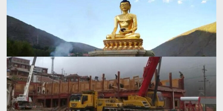 The 99-foot-tall Buddha statue, which was destroyed by local Chinese authorities in Drago County, Tibet