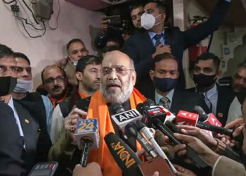 Union Minister Amit Shah speaking with media in Kairana (Photo Credit: Tribune India)