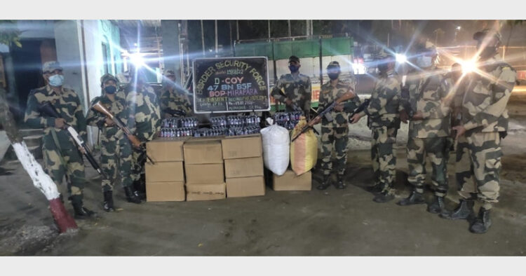 The BSF team seized 7,400 bottles of prohibited cough syrup worth ₹14 lakhs and 27 Kgs Ganja during the search operation