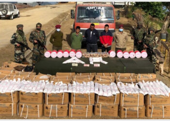 Assam Rifles personnel also seized a huge cache of explosives and other contraband, including 2,500 kilograms of gelatin sticks and 4,500 meters of detonating fuse at Mizoram-Myanmar border Zawngling village in Siaha district (Photo Credit: Time8)
