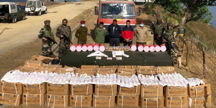Assam Rifles personnel also seized a huge cache of explosives and other contraband, including 2,500 kilograms of gelatin sticks and 4,500 meters of detonating fuse at Mizoram-Myanmar border Zawngling village in Siaha district (Photo Credit: Time8)