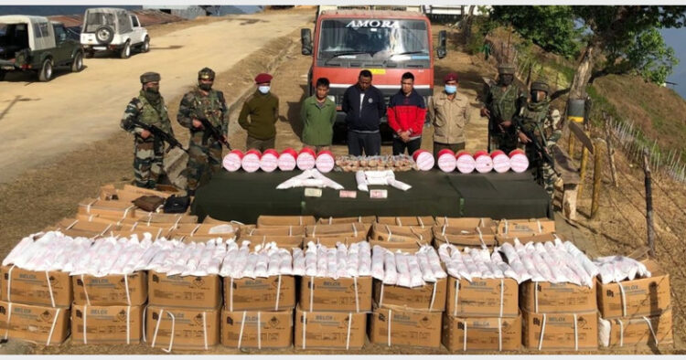 Assam Rifles personnel also seized a huge cache of explosives and other contraband, including 2,500 kilograms of gelatin sticks and 4,500 meters of detonating fuse at Mizoram-Myanmar border Zawngling village in Siaha district (Photo Credit: Time8)