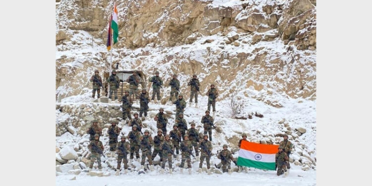 Indian Army hoisting a national flag in Galwan valley on New Year's eve (Photo Credit: ANI)