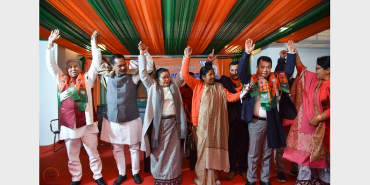 Tongbram Robindro Singh, Yengkhom Surchandra Singh joined BJP in the presence of party's state president Adhikarimayum Sarda Devi, BJP's election co incharge and MoS for for Social Justice and Empowerment Pratima Bhoumik, and Assam Health Minister Ashok