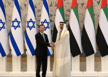 Israel President Isaac Herzog with Abu Dhabi Crown Prince Sheikh Mohammed bin Zayed Al Nahyan at the Al Watan presidential palace (Photo Credit: The Jerusalem Post)
