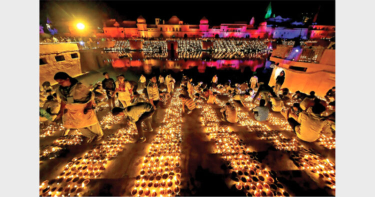 People at Saryu Ghat celebrating Deepotsav in Ayodhya