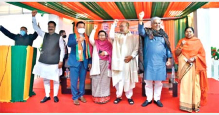 Vice-president of Manipur Congress and MLA Chaltonlien Amo(second from left) joining BJP in the presence of Union Minister of Labour and Employment Bhupedra Yadav, who is also the party in-charge of Manipur, Chief Minister N Biren Singh and President