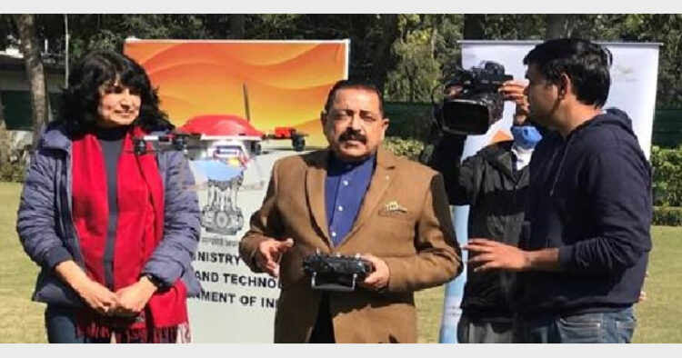 Union S&T Minister, Dr Jitendra Singh, trying his hand at manoeuvring the drones at a demonstration presentation (Photo Credit: India Science Wire)