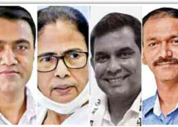 Goa Chief Minister Pramod Sawant, TMC supremo Mamata Banerjee, AAP Chief Ministerial candidate Amit Palekar and Congress state president Girish Chodankar
