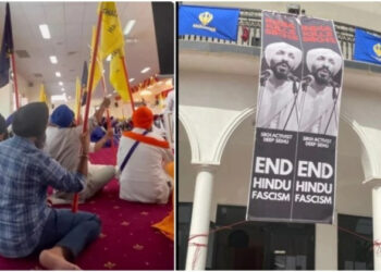 A giant poster with a picture of Punjabi actor Deep Sidhu, an accused in the 2021 Republic Day violence was put up with a message at Craigieburn Gurudwara (Photo Credit: OpIndia)