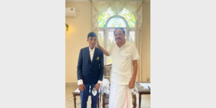 Indian Chess Grandmaster R Praggnanaddha with Vice-President M Venkaiah Naidu