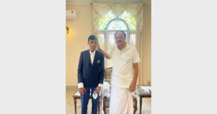 Indian Chess Grandmaster R Praggnanaddha with Vice-President M Venkaiah Naidu