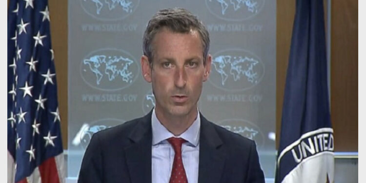 US State Department spokesperson Ned Price briefing the media