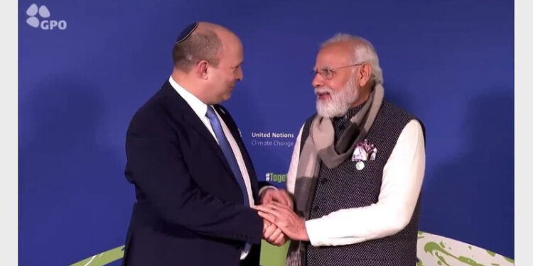 The leaders first met on the sidelines of the UN Climate Change Conference (COP26) in Glasgow last October, at which Prime Minister Modi invited Prime Minister Bennett to pay an official visit to the country (Photo Credit: Twitter/@IsraeliPM)