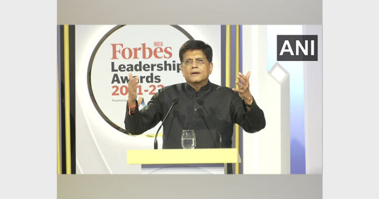 Union Minister Piyush Goyal addressing at the Forbes India Leadership Awards 2021-22 in Mumbai (Photo Source: ANI)