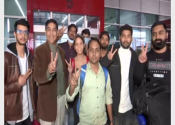Indians at Indira Gandhi International (IGI) Airport in Delhi after returning from Poland (Photo Credit: ANI)