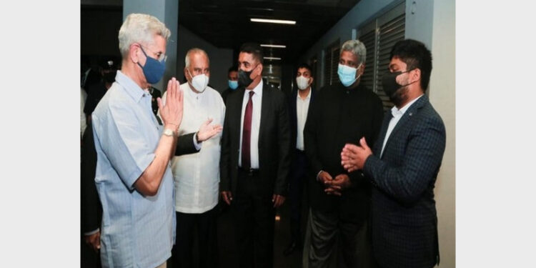 Four Sri Lankan Minister receiving EAM Dr S Jaishankar at the airport (Photo Source: ANI)