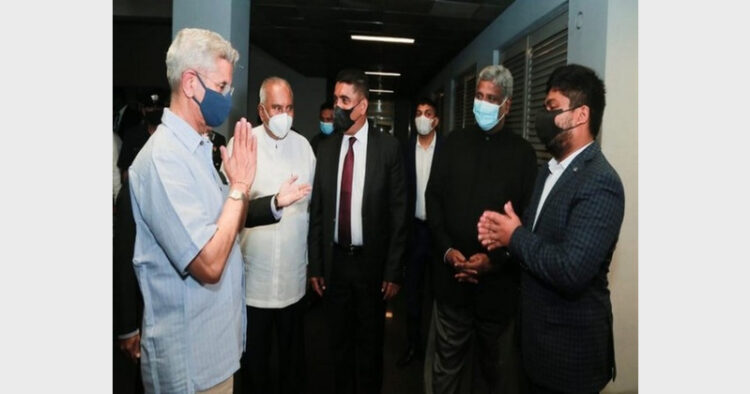 Four Sri Lankan Minister receiving EAM Dr S Jaishankar at the airport (Photo Source: ANI)