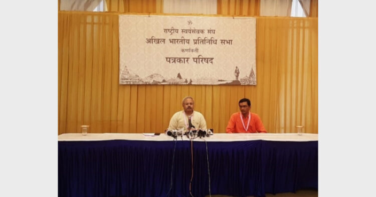 RSS Prachar Pramukh Sunil Ambekar addressing the press conference (Photo Credit: RSS)
