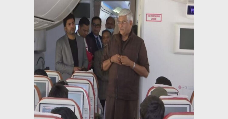 Union Minister Gajendra Singh welcoming Indian students in Air India flight (Photo Credit: ANI)