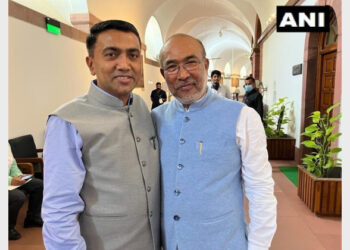 Goa CM Pramod Sawant and Manipur CM N Biren Singh in the parliament (Photo Credit: ANI)