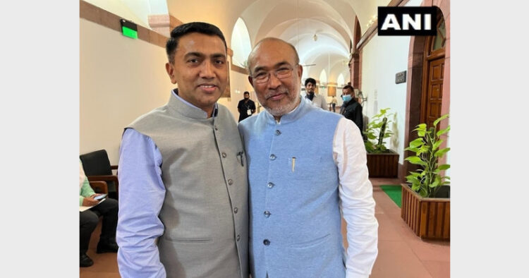 Goa CM Pramod Sawant and Manipur CM N Biren Singh in the parliament (Photo Credit: ANI)