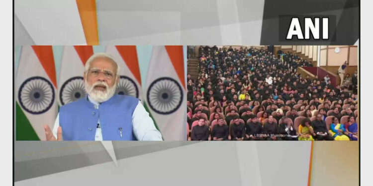 PM Modi addressing a valedictory function of the 96th Common Foundation Course at Lal Bahadur Shastri National Academy of Administration (LBSNAA), Mussorie via video conferencing (Photo Credit: ANI)