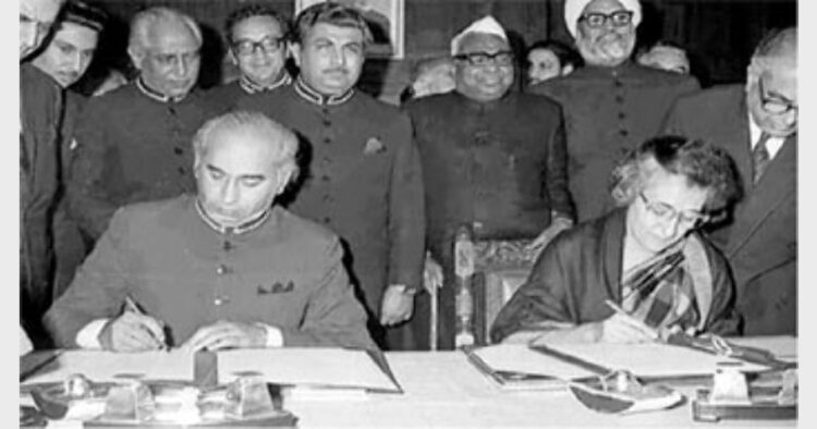 Then Pakistan PM Zulfikar Ali Bhutto and Indian Prime Minister Indira Gandhi signing the Simla Agreement, July 2, 1972. However, Pakistan has violated the Simla Agreement