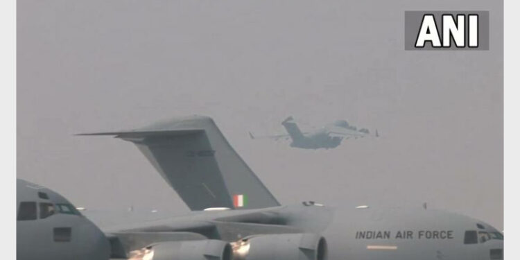 Three C-17 Globemaster aircrafts are leaving for Poland, Hungary and Romania as a part of Operation Ganga (Photo Credit: ANI)