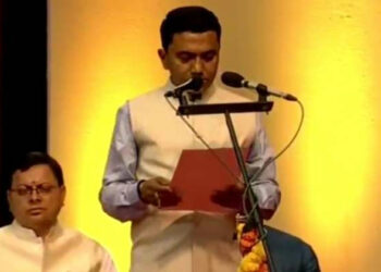 Pramod Sawant swearing in as Goa Chief Minister for the second consecutive term at Dr Shyama Prasad Mukherjee Stadium (Photo Source: ANI)