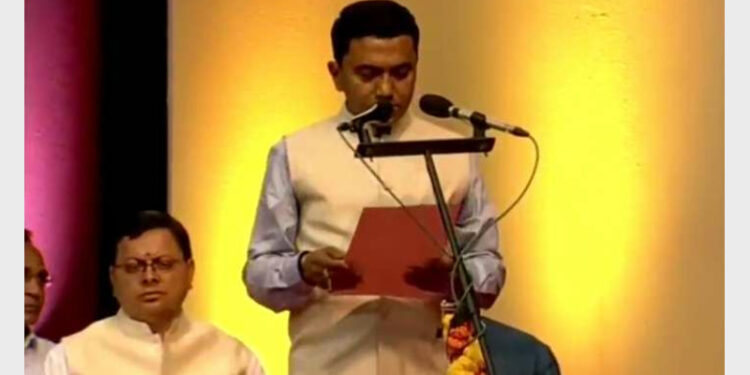 Pramod Sawant swearing in as Goa Chief Minister for the second consecutive term at Dr Shyama Prasad Mukherjee Stadium (Photo Source: ANI)