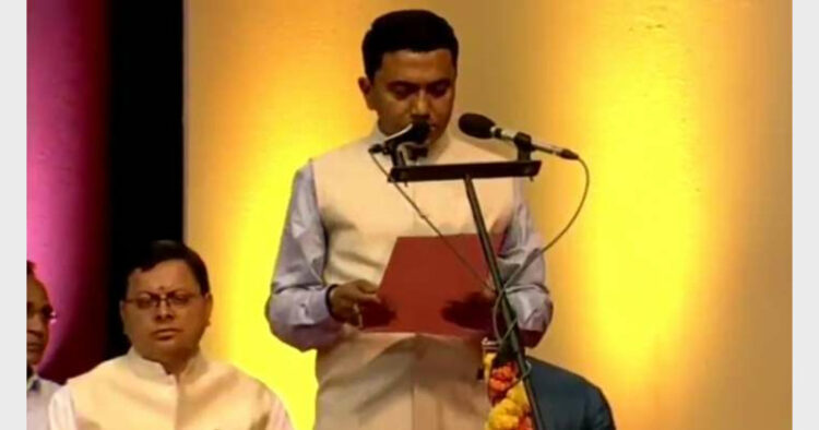Pramod Sawant swearing in as Goa Chief Minister for the second consecutive term at Dr Shyama Prasad Mukherjee Stadium (Photo Source: ANI)