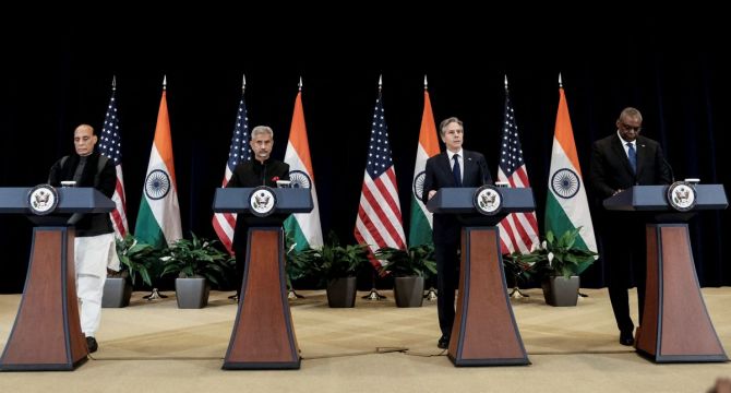 Defence Minister Rajnath Singh, EAM Dr S Jaishankar, US Secretary of State Antony Blinken and Defence Secretary Lloyd Austin hold joint press conference on India-US 2+2 dialogue (Photo Source: Michael A McCoy/Pool via Reuters)